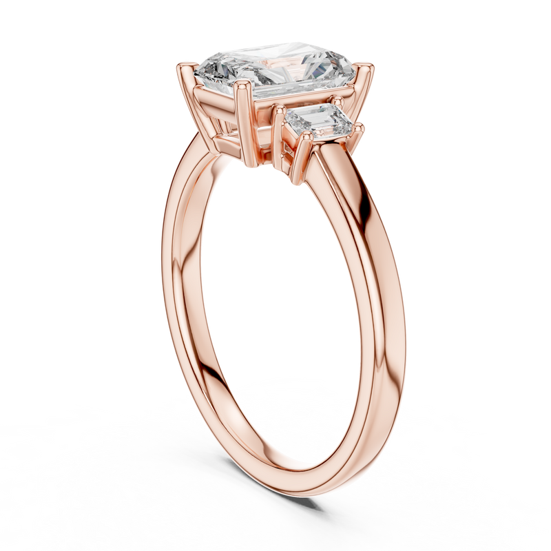 Elodie Three Stone Radiant & Emerald Cut Diamond Ring detail