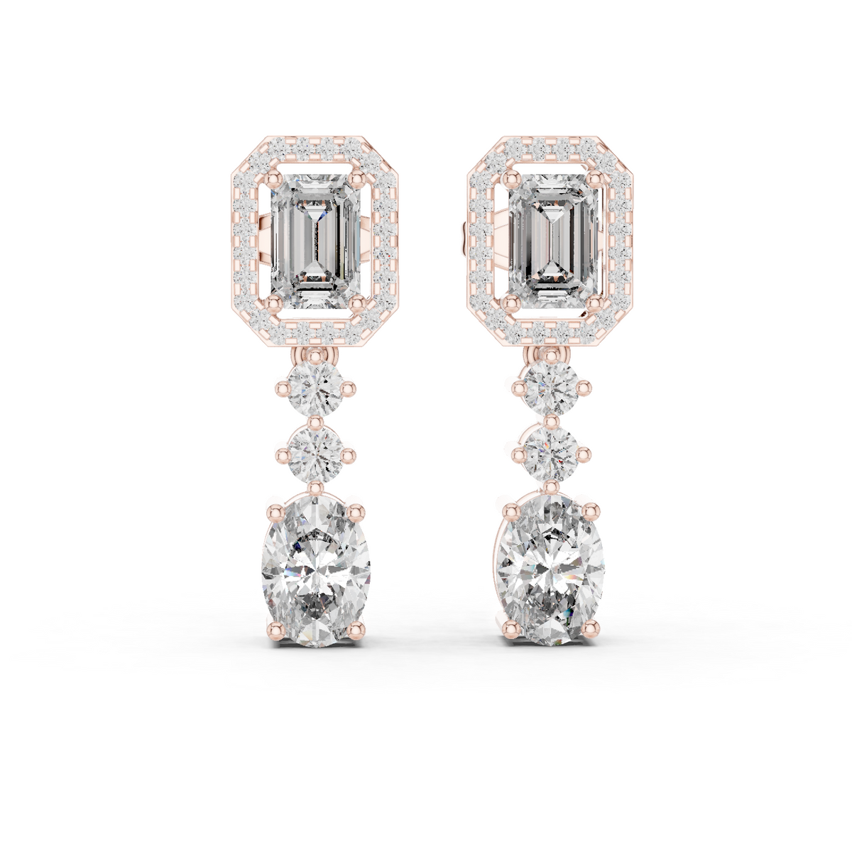 Elara Emerald & Oval Diamond Halo Drop Earrings